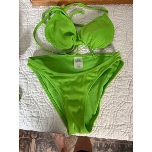 Wild Fable Lime Green Ribbed Triangle Bikini Set XS Neon Two Piece Swimsuit